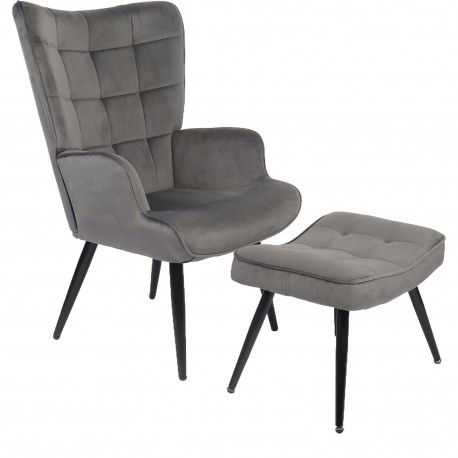 14770121 Πολυθρόνα Μπερζέρα Με Υποπόδιο ArteLibre LENNOX Γκρι Βελούδο/Ξύλο 96x68x73cm Γκρι