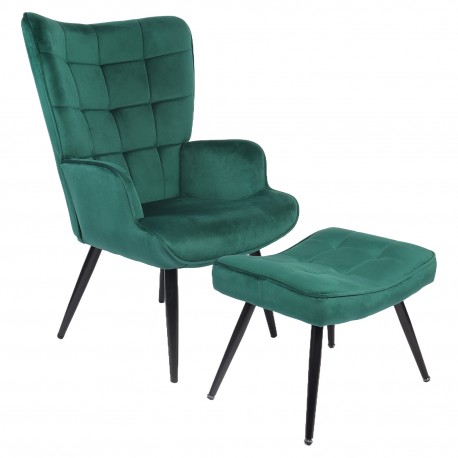 14770122 Πολυθρόνα Μπερζέρα Με Υποπόδιο ArteLibre LENNOX Πράσινο Βελούδο/Ξύλο 96x68x73cm Πράσινο