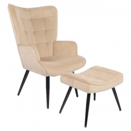 14770123 Πολυθρόνα Μπερζέρα Με Υποπόδιο ArteLibre LENNOX Μπεζ Βελούδο/Ξύλο 96x68x73cm Μπεζ