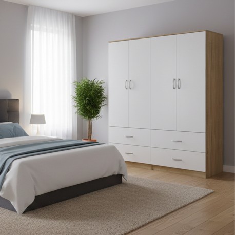 383-000216 Ντουλάπα τετράφυλλη με συρτάρια Athos pakoworld sonoma- λευκή 160x42x180εκ