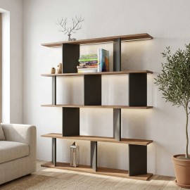 120-000677 Βιβλιοθήκη Ratu pakoworld ανθρακί με oak 120x24,6x141εκ