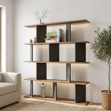 120-000677 Βιβλιοθήκη Ratu pakoworld ανθρακί με oak 120x24,6x141εκ