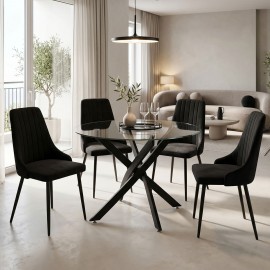 200-001562 Τραπεζαρία με Καρέκλες Azori Μαύρο και Τραπέζι Antoro γυαλί Φ100x75εκ Σετ 5τεμ