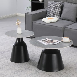 278-000047 Τραπέζια σαλονιού Sculpt pakoworld σετ 2τεμ μέταλλο μαύρο- sintered stone γκρι μάρμαρο