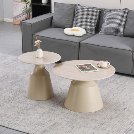 278-000048 Τραπέζια σαλονιού Sculpt pakoworld σετ 2τεμ μέταλλο cappuccino- sintered stone σε όψης τραβερτίνης
