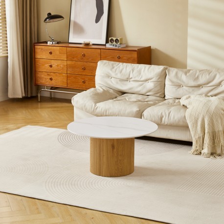 413-000005 Τραπέζι σαλονιού Sikulu pakoworld mdf oak - λευκή όψη τραβερτίνας Φ80x40εκ