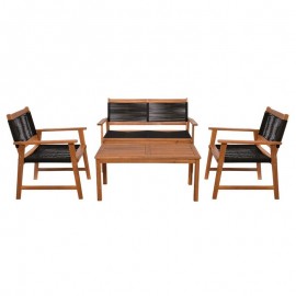 Ε235,1 SPRING Set Σαλόνι Κήπου Ακακία Φυσικό, Wicker Μαύρο: Τραπέζι + Καναπέ 2Θέσιο + 2 Πολυθρόνες