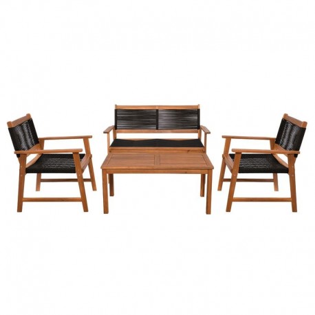 Ε235,1 SPRING Set Σαλόνι Κήπου Ακακία Φυσικό, Wicker Μαύρο: Τραπέζι + Καναπέ 2Θέσιο + 2 Πολυθρόνες