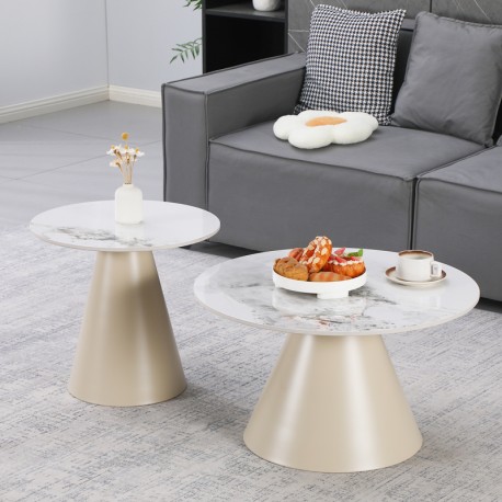 278-000056 Τραπέζια σαλονιού Duoma pakoworld σετ 2τεμ μέταλλο cappuccino- τραβερτίνα με εφε μαρμάρου