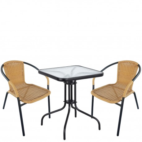 14990487 Σετ Τραπεζαρία Κήπου ArteLibre MARS Μαύρο/Μπεζ Rattan/Γυαλί/Μέταλλο Με 2 Πολυθρόνες 14990487 Μπεζ/Μαύρο
