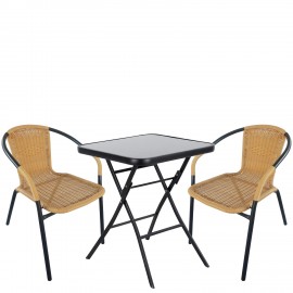 14990488 Σετ Τραπεζαρία Κήπου ArteLibre TAURUS Μαύρο/Μπεζ Rattan/Γυαλί/Μέταλλο Με 2 Πολυθρόνες 14990488 Μπεζ/Μαύρο