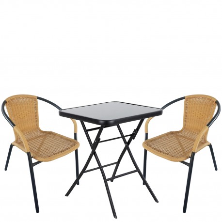 14990488 Σετ Τραπεζαρία Κήπου ArteLibre TAURUS Μαύρο/Μπεζ Rattan/Γυαλί/Μέταλλο Με 2 Πολυθρόνες 14990488 Μπεζ/Μαύρο