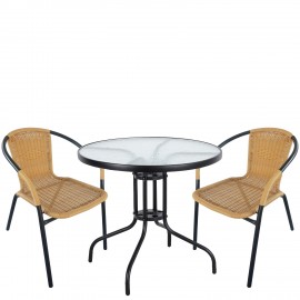 14990489 Σετ Τραπεζαρία Κήπου ArteLibre EARTH Μαύρο/Μπεζ Rattan/Γυαλί/Μέταλλο Με 2 Πολυθρόνες 14990489 Μπεζ/Μαύρο