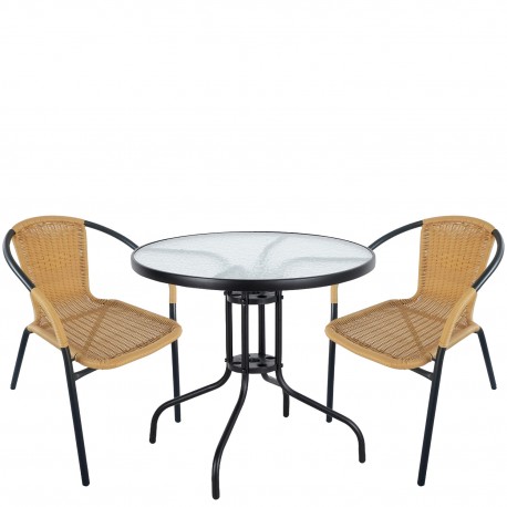 14990489 Σετ Τραπεζαρία Κήπου ArteLibre EARTH Μαύρο/Μπεζ Rattan/Γυαλί/Μέταλλο Με 2 Πολυθρόνες 14990489 Μπεζ/Μαύρο