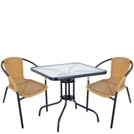 14990490 Σετ Τραπεζαρία Κήπου ArteLibre MARS Μαύρο/Μπεζ Rattan/Γυαλί/Μέταλλο Με 2 Πολυθρόνες 14990490 Μπεζ/Μαύρο