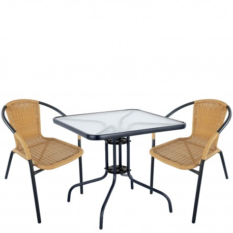 14990490 Σετ Τραπεζαρία Κήπου ArteLibre MARS Μαύρο/Μπεζ Rattan/Γυαλί/Μέταλλο Με 2 Πολυθρόνες 14990490 Μπεζ/Μαύρο