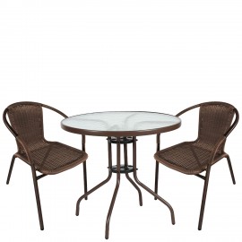 14990527 Σετ Τραπεζαρία Κήπου ArteLibre EARTH Καφέ Rattan/Γυαλί/Μέταλλο Με 2 Πολυθρόνες 14990527 Καφέ