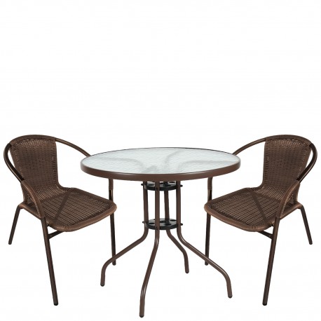 14990527 Σετ Τραπεζαρία Κήπου ArteLibre EARTH Καφέ Rattan/Γυαλί/Μέταλλο Με 2 Πολυθρόνες 14990527 Καφέ
