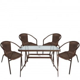 14990532 Σετ Τραπεζαρία Κήπου ArteLibre SUN Καφέ Rattan/Γυαλί/Μέταλλο Με 4 Πολυθρόνες 14990532 Καφέ