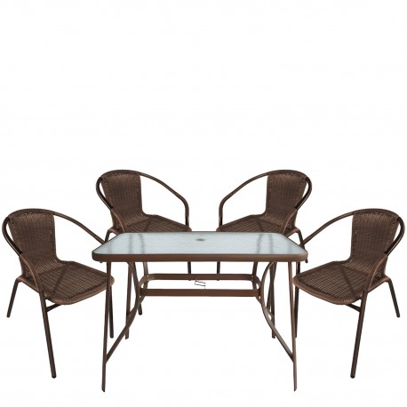 14990532 Σετ Τραπεζαρία Κήπου ArteLibre SUN Καφέ Rattan/Γυαλί/Μέταλλο Με 4 Πολυθρόνες 14990532 Καφέ