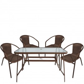 14990533 Σετ Τραπεζαρία Κήπου ArteLibre SUN Καφέ Rattan/Γυαλί/Μέταλλο Με 4 Πολυθρόνες 14990533 Καφέ