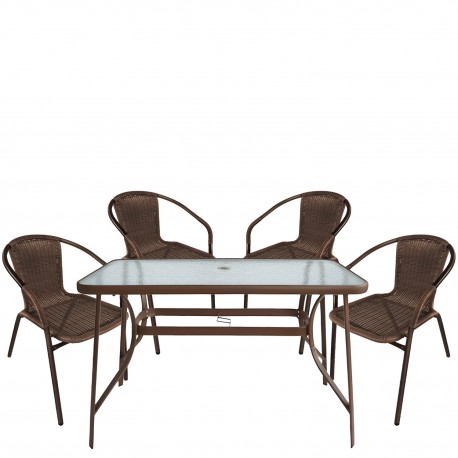 14990533 Σετ Τραπεζαρία Κήπου ArteLibre SUN Καφέ Rattan/Γυαλί/Μέταλλο Με 4 Πολυθρόνες 14990533 Καφέ