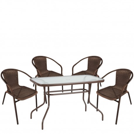 14990534 Σετ Τραπεζαρία Κήπου ArteLibre VULCAN Καφέ Rattan/Γυαλί/Μέταλλο Με 4 Πολυθρόνες 14990534 Καφέ