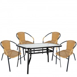 14990535 Σετ Τραπεζαρία Κήπου ArteLibre SUN Μαύρο/Μπεζ Rattan/Γυαλί/Μέταλλο Με 4 Πολυθρόνες 14990535 Μπεζ/Μαύρο