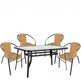 14990536 Σετ Τραπεζαρία Κήπου ArteLibre SUN Μαύρο/Μπεζ Rattan/Γυαλί/Μέταλλο Με 4 Πολυθρόνες 14990536 Μπεζ/Μαύρο