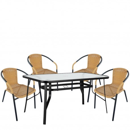 14990536 Σετ Τραπεζαρία Κήπου ArteLibre SUN Μαύρο/Μπεζ Rattan/Γυαλί/Μέταλλο Με 4 Πολυθρόνες 14990536 Μπεζ/Μαύρο