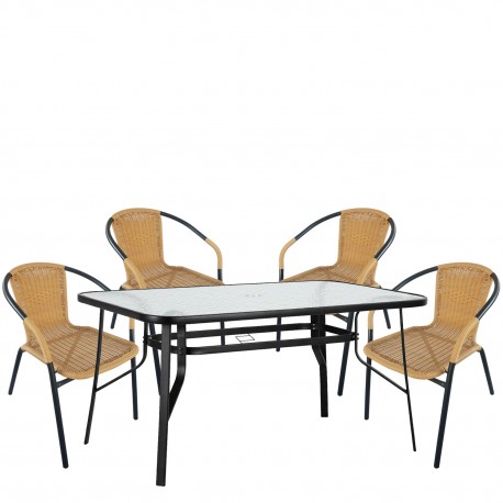 14990537 Σετ Τραπεζαρία Κήπου ArteLibre SUN Μαύρο/Μπεζ Rattan/Γυαλί/Μέταλλο Με 4 Πολυθρόνες 14990537 Μπεζ/Μαύρο