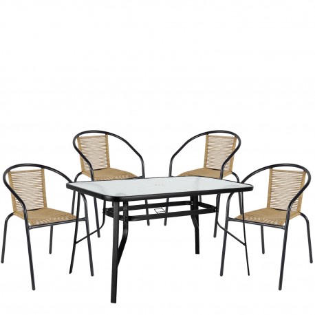 14990590 Σετ Τραπεζαρία Κήπου ArteLibre SUN Μαύρο/Φυσικό Rattan/Γυαλί/Μέταλλο Με 4 Πολυθρόνες 14990590 Φυσικό/Μαύρο