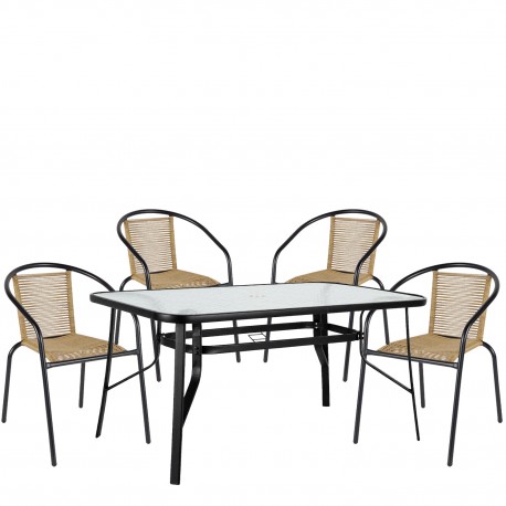 14990591 Σετ Τραπεζαρία Κήπου ArteLibre SUN Μαύρο/Φυσικό Rattan/Γυαλί/Μέταλλο Με 4 Πολυθρόνες 14990591 Φυσικό/Μαύρο