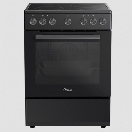 Midea MFO24D-ME4R10F(SS) Ελεύθερη Ηλεκτρική Κουζίνα 60cm 4 Εστίες Κεραμικές 70Lt 10 Πρ/τα Class A Ρολόι Αέρας & Grill Μαύρο A
