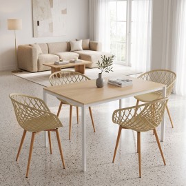 200-001902 Τραπεζαρία με Πολυθρόνες Ezra cappuccino και Τραπέζι Faragio λευκό με φυσική απόχρωση 120x75x75εκ Σετ 5τεμ