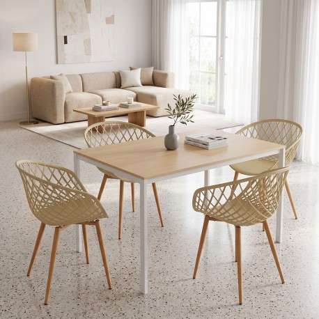 200-001902 Τραπεζαρία με Πολυθρόνες Ezra cappuccino και Τραπέζι Faragio λευκό με φυσική απόχρωση 120x75x75εκ Σετ 5τεμ