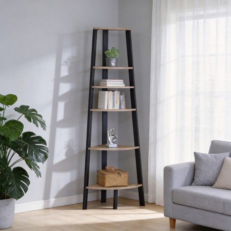 085-000048 Γωνιακή βιβλιοθήκη Arvia pakoworld oak με μαύρο μέταλλο 53.4x37.8x160.3εκ