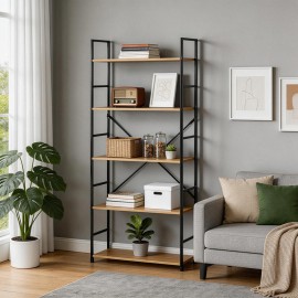 085-000041 Βιβλιοθήκη Manlo pakoworld oak με μαύρο μέταλλο 58.6x23.5x144εκ