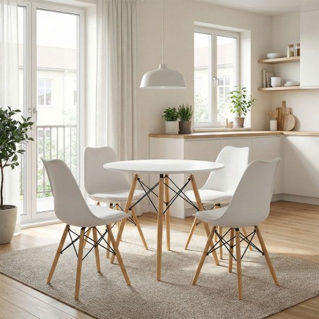 200-001246 Τραπεζαρία Julita σετ 5τεμ pakoworld MDF και ξύλο οξιάς σε λευκή-φυσική απόχρωση Φ80x73εκ