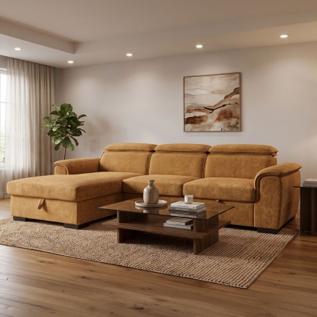 371-000020 Γωνιακός καναπές-κρεβάτι Lemance pakoworld δεξιά γωνία με camel ύφασμα 255x168x82εκ