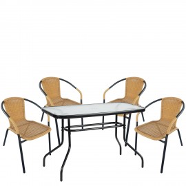 14990538 Σετ Τραπεζαρία Κήπου ArteLibre VULCAN Μαύρο/Μπεζ Rattan/Γυαλί/Μέταλλο Με 4 Πολυθρόνες 14990538 Μπεζ/Μαύρο