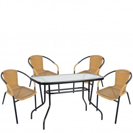 14990538 Σετ Τραπεζαρία Κήπου ArteLibre VULCAN Μαύρο/Μπεζ Rattan/Γυαλί/Μέταλλο Με 4 Πολυθρόνες 14990538 Μπεζ/Μαύρο