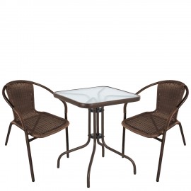 14990525 Σετ Τραπεζαρία Κήπου ArteLibre MARS Καφέ Rattan/Γυαλί/Μέταλλο Με 2 Πολυθρόνες 14990525 Καφέ