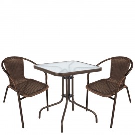14990526 Σετ Τραπεζαρία Κήπου ArteLibre MARS Καφέ Rattan/Γυαλί/Μέταλλο Με 2 Πολυθρόνες 14990526 Καφέ