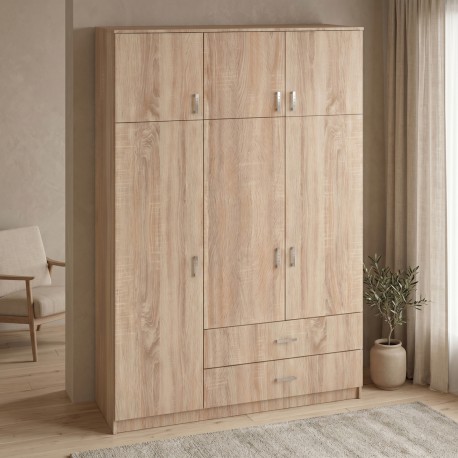 361-000065 Ντουλάπα τρίφυλλη με συρτάρια Royal pakoworld σε sonoma απόχρωση 150x58x230εκ