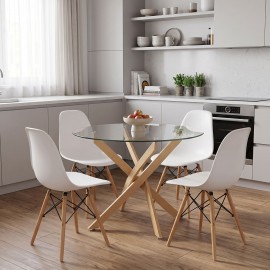 200-001915 Τραπεζαρία με Καρέκλες Julita λευκό και Τραπέζι Antoro γυαλί με μέταλο σε φυσική απόχρωση Φ80x75εκ Σετ 5τεμ
