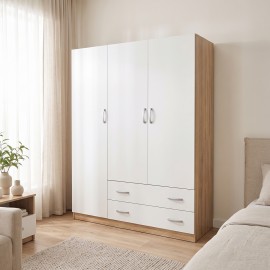 383-000320 Ντουλάπα τρίφυλλη με 2 συρτάρια Alvia pakoworld λευκό με sonoma 150x51x180εκ