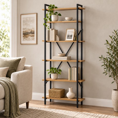 321-000133 Βιβλιοθήκη Derena pakoworld oak με μαύρο μέταλλο 60x29x160εκ
