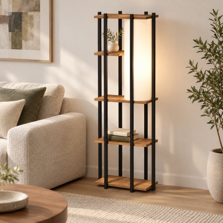 321-000134 Φωτιστικό δαπέδου με ράφια Lumna pakoworld oak με μαύρο μέταλλο 45x24x150εκ