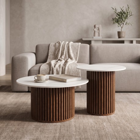 072-000189 Τραπέζι σαλονιού Skerta pakoworld σετ 2τεμ λευκό sintered stone mdf με καρυδί βάση